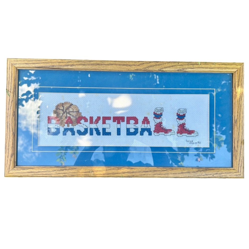 Handmade Basketball Cross Stitch Framed Art 16x8 Blue Red Wood 90s Vintage Good